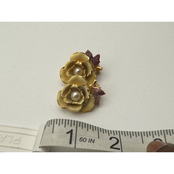 Vintage Yellow Flower Enamel Brooch Gold Tone Pin & Clip On Earrings Set - Picture 5 of 10